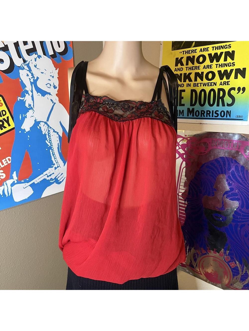 Secret Treasures Red Black Lace Ribbon Tie Babydoll Cami Top